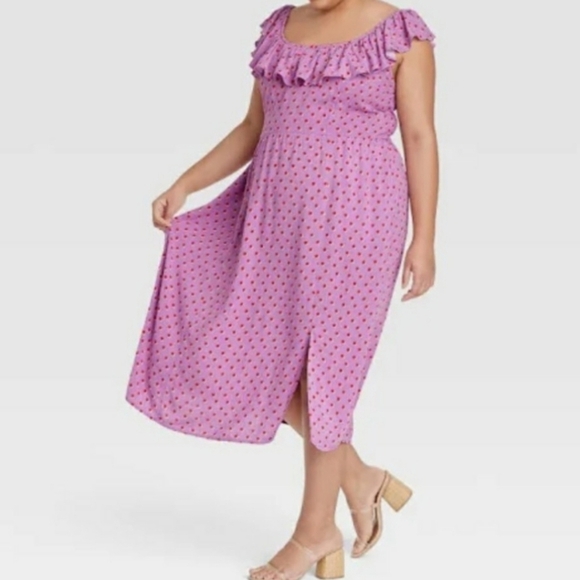 Ava & Viv Purple with Red Polka Dot Ruffle Short Sleeve Side Slit Dress Size 4X - Picture 2 of 11